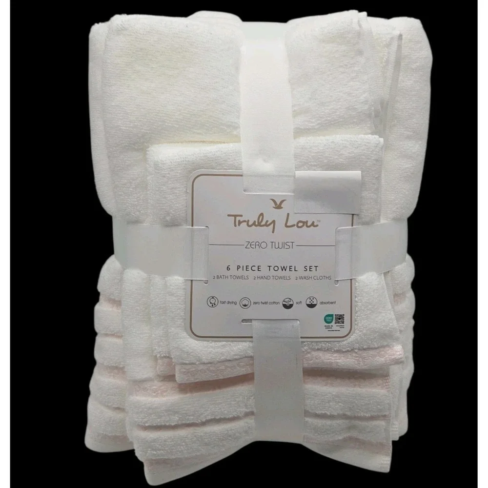 Truly Lou 6pc White Pink Soft Zero Twist Cotton Towel Set 2‎ Bath 2 Hand 2 Wash